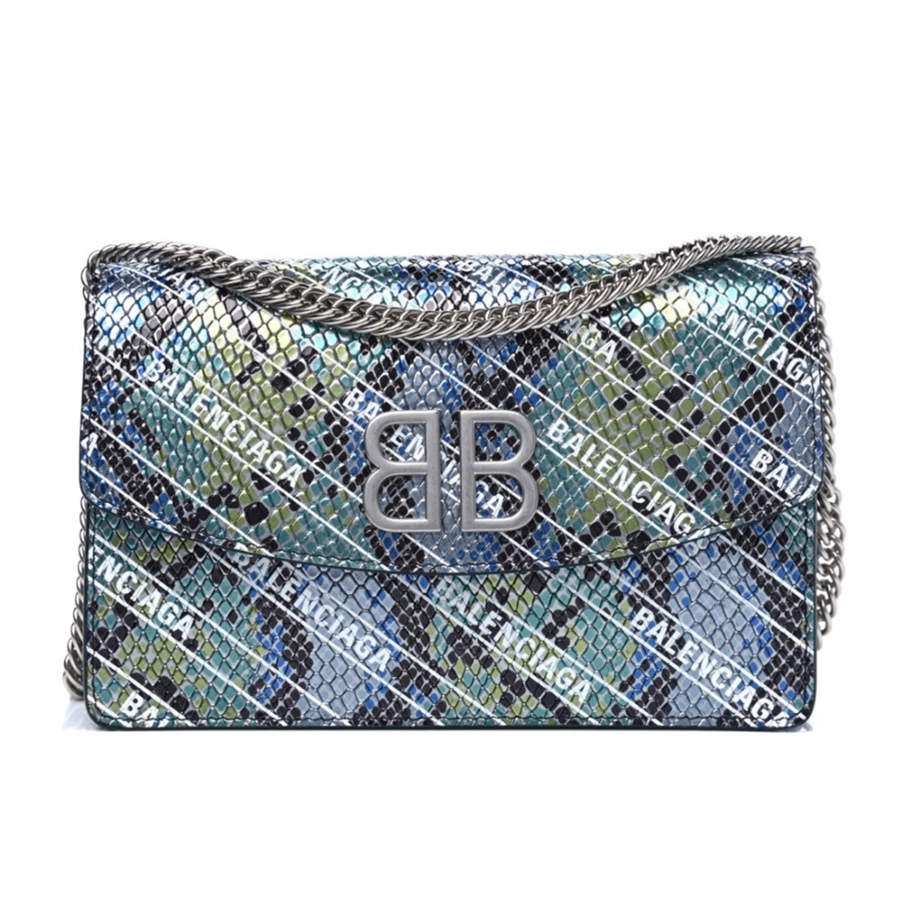 Balenciaga Metallic Calfskin Snake Effect BB Logo Wallet on a Chain - Authentic!